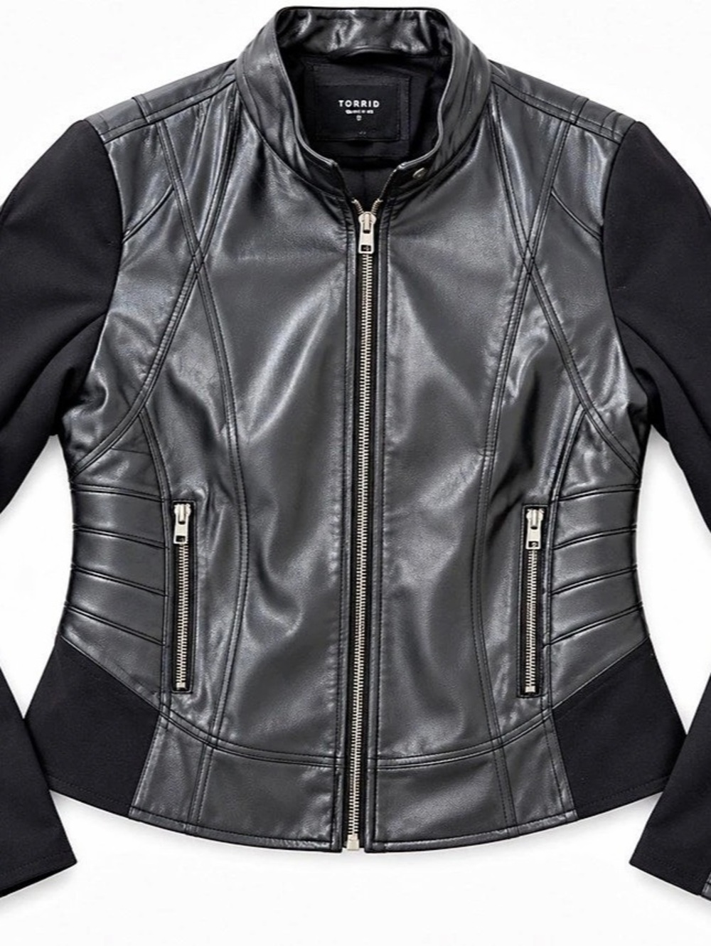 TORRID Faux Leather Collarless Moto Jacket with Knit Sleeve Panels Black
